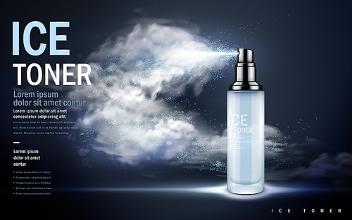 ice toner contained in light blue spray bottle, misty dark blue background, 3d illustration