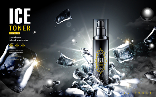 ice toner ad, contained in black spray bottle with ice cube elements, black background 3d illustration