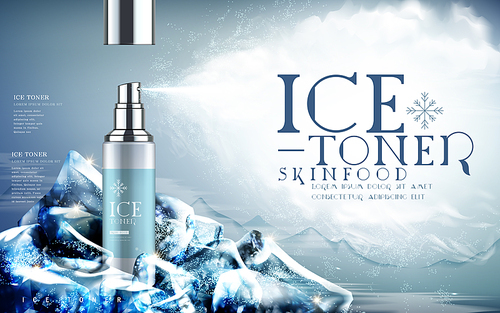 ice toner contained in light blue spray bottle, mountain background and iceberg elements, 3d illustration