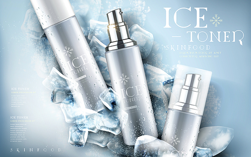 ice toner contained in silver bottle, ice cube elements, 3d illustration