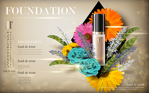 cosmetic foundation product contained in transparent bottle, with flower elements, 3d illustration