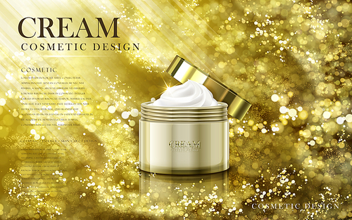smooth cosmetic cream contained in a golden jar, full golden powder backgrounds in 3d illustration