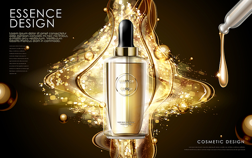 golden essence skin care contained in bottle, glitter background in 3d illustration