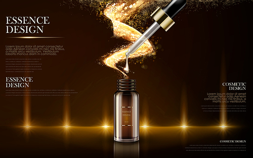 golden essence skin care contained in bottle, warm light background in 3d illustration