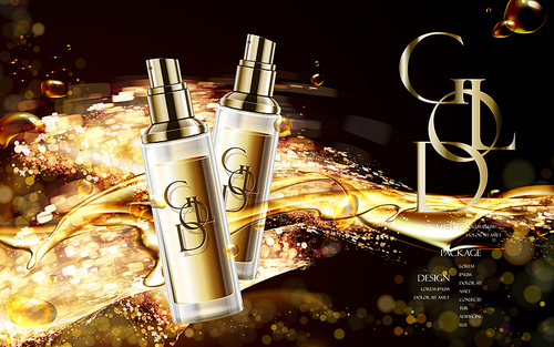 golden cosmetic package with logo, contained in spray bottle isolated on glitter background in 3d illustration