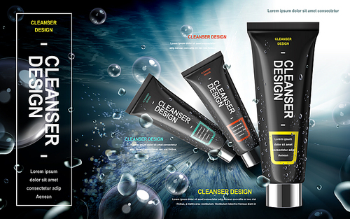 men's facial cleanser product contained in black tube over watery background in 3d illustration