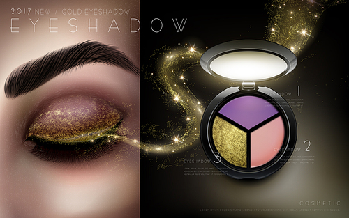 multicolor eyeshadow ad separated into two parts, with an single eye at left and the product at right, 3d illustration