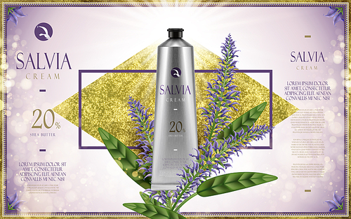 salvia cream ad, with salvia flower, golden diamond and shiny light purple background, 3d illustration