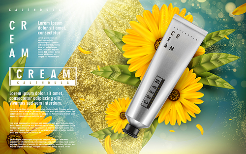 calendula cream ad, with golden diamond element and summer sunlight background, 3d illustration