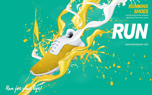 yellow running shoes with special effects, 3d illustration