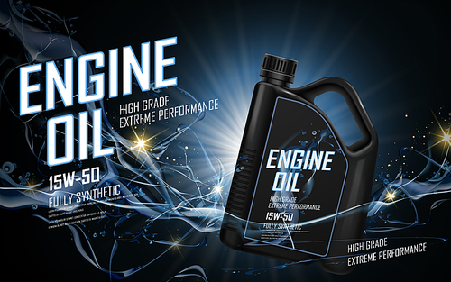 engine oil ad with blue current background, 3d illustration
