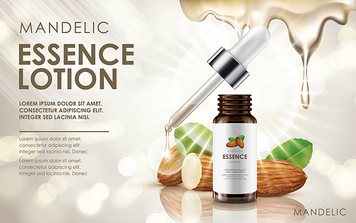 mandelic essence lotion contained in drop bottle, with almond and cream elements, 3d illustration