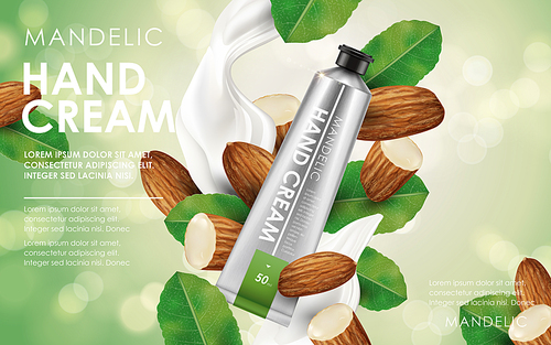 mandelic essence lotion contained in tube, with almond, leaf and cream elements, 3d illustration