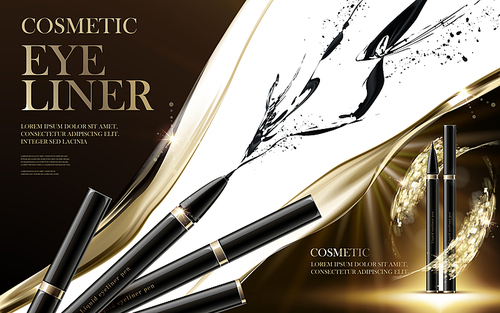 cosmetic eyeliner products, with ink elements and shiny background, 3d illustration