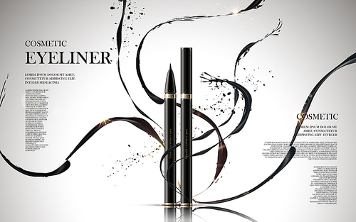 cosmetic eyeliner products, with ink elements isolated white background, 3d illustration