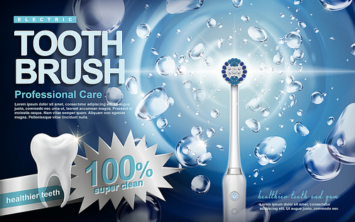 electric sonic toothbrush ad, with sonic wave and water splash elements, 3d illustration