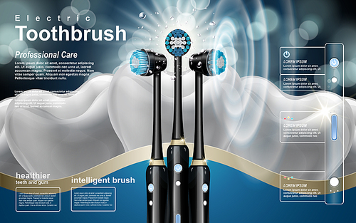 intelligent black electric toothbrush ad, teeth background in 3d illustration