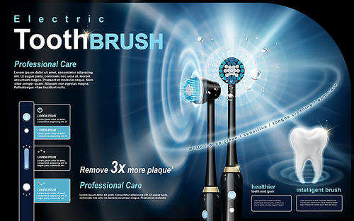 intelligent black electric toothbrush ad, sonic wave and white tooth elements