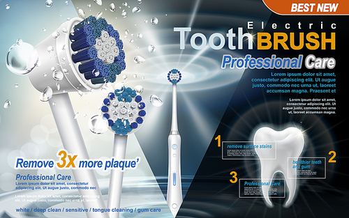 electric sonic toothbrush ad, with sonic wave and water drop elements, 3d illustration