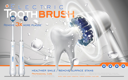 electric sonic toothbrush ad, white brush contacts tooth and makes it clean, 3d illustration