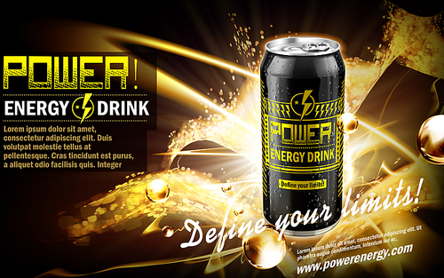 energy drink contained in black can, with golden sparkle element, black background, 3d illustration
