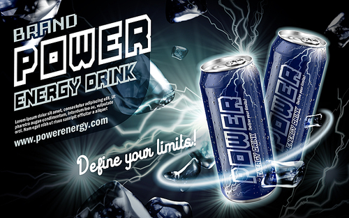 energy drink contained in dark blue can, with current element surrounds, black background, 3d illustration