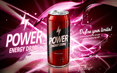 energy drink contained in red can, with current element surrounds, pink background, 3d illustration