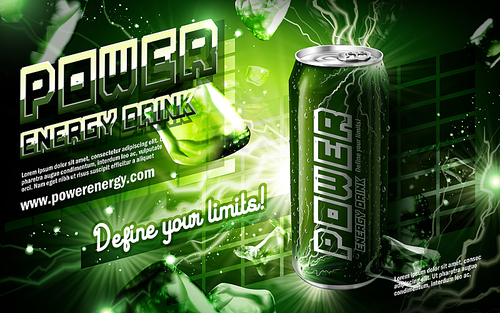 energy drink contained in green can, with current element surrounds, green background, 3d illustration