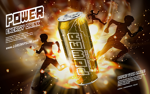 energy drink contained in golden can, with light element and running people shadows surrounding, gold background, 3d illustration