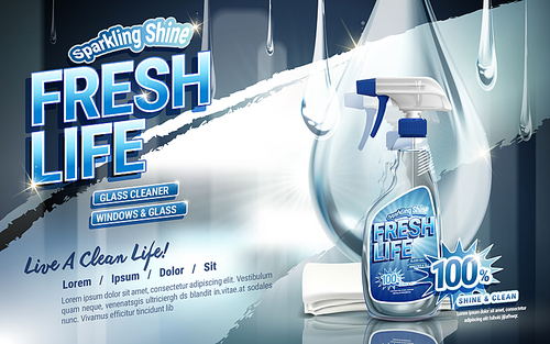 window glass cleaner contained in spray bottle, huge waterdrop background, 3d illustration