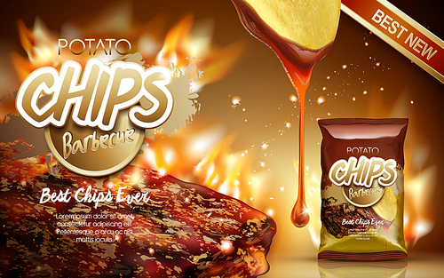 potato chips ad barbecue flavor, with fire grilling meat elements, 3d illustration