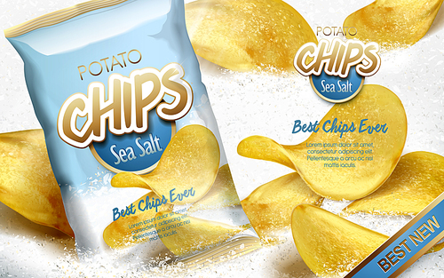 potato chips ad 씨솔트 flavor, with white salt elements and a bag, 3d illustration