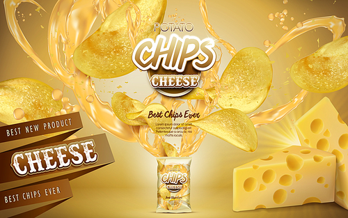 potato chips and cheese elements coming out from a bag, golden background. 3d illustration