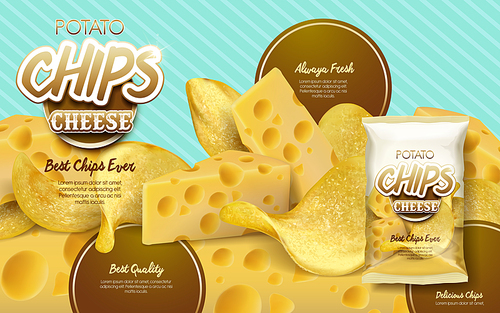 potato chips and cheese elements for commercial uses, mint stripes background. 3d illustration