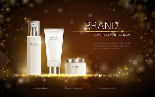 Exquisite cosmetic ads template, blank cosmetic mockup with sparkling bokeh background and dazzling effect, cosmetic spray bottle, tube. 3D illustration.