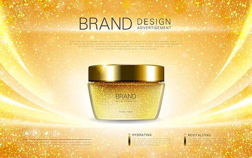 Cosmetic cream container, dazzling ads for cosmetic with golden foil elements. 3D illustration.