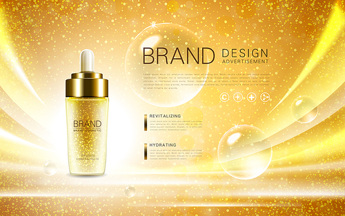 Cosmetic ads template, droplet bottle mockup isolated on dazzling background. Golden foil and bubbles elements. 3D illustration.