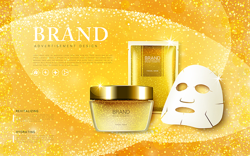 Cosmetic ads template, cream container and facial mask mockup isolated on dazzling . 3D illustration.