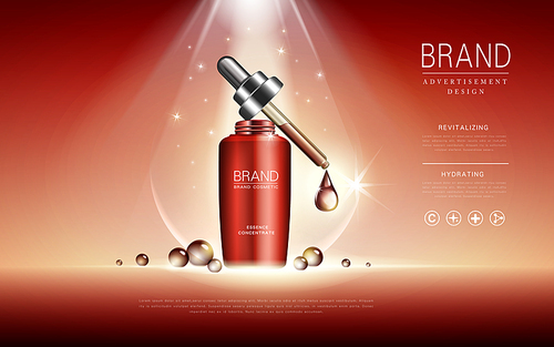 Cosmetic ads template, droplet bottle mockup isolated on red background. Essence oil drip. 3D illustration.