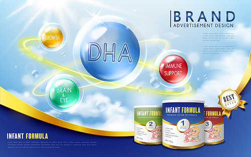 Infant formula advertisement, with nutrition listed, blue background, 3D illustration