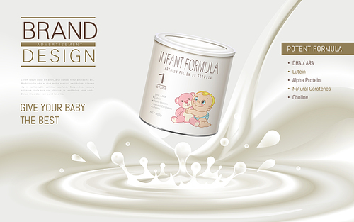 Infant formula advertisement, with nutrition listed, white background, 3D illustration