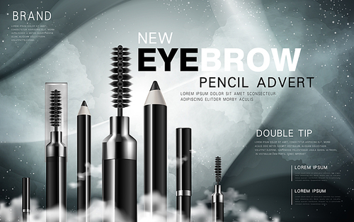 several black eyebrow 펜슬 and mascara products, celestial background, 3d illustration