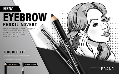 new eyebrow 펜슬 advert ad, retro comic woman using the eyebrow pencil product, black and white picture, 3d illustration