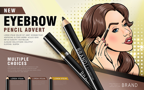 new eyebrow 펜슬 advert ad, retro comic woman using the eyebrow pencil product, colorful picture, 3d illustration