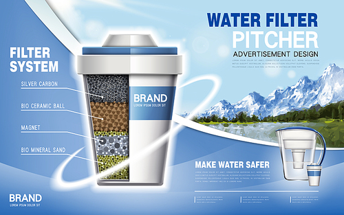 water filter machine ad, natural scenery background, 3d illustration