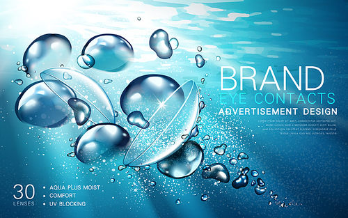 transparent contact lense ad, with light flow and bubble elements, underwater background, 3d illustration
