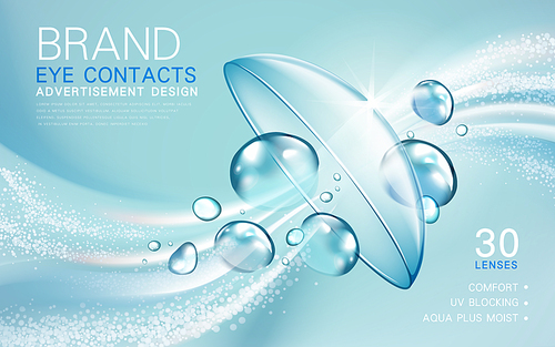 transparent contact lense ad, with light flow and bubble elements, 3d illustration