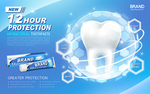antibacterial toothpaste ad, contained in blue tube, with a tooth coated in a transparent light ball