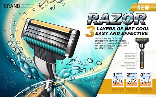 new shavers with orange light and water drops around, american retro comic style