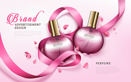 charming aroma perfume ad, contained in round pink bottles, valentine's day special light pink background